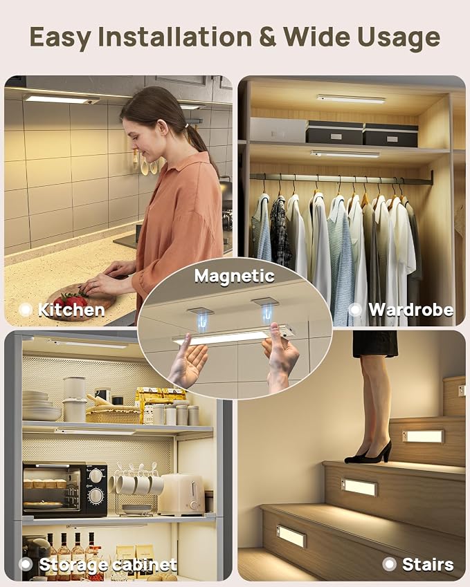 9inch Under Cabinet Lighting Wireless, Rechargeable Motion Sensor Indoor Light, 3 Color Temps & Dimmable Closet Lights with Remote, Magnetic Under Counter Light for Kitchen, Stairs, Wardrobe, 5 Pack