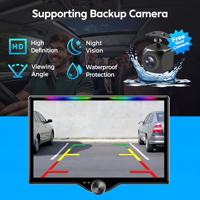 10.1" QLED Double Din Car Stereo with Wireless Carplay & Android Auto, Music Sync Luminous Bar, SWC, Bluetooth, Backup Camera, 240W, Dual Subwoofer Output, Car Radio, Navigation, FM/AM