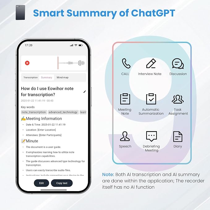 AI Voice Recorder, Transcribe & Summary with AI Technology, Real-Time Translation Voice Recorder Supported 59 Languages, 64GB Memory, Audio Recorder for Lectures, Meetings, Calls