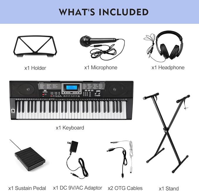 MUSTAR Piano Keyboard, MEKS-500 61 Key Learning Keyboard Piano with Lighted Up Keys, Electric Piano Keyboard for Beginners, Stand, Pedal, Headphones/Microphone, USB Midi, Joystick, Built-in Speakers