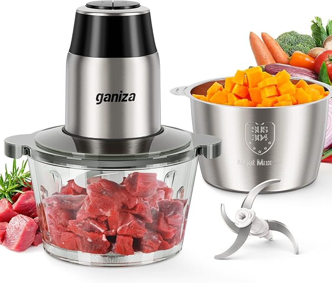 GANIZA Food Processors, Electric Food Chopper with Meat Grinder & Vegetable Chopper - 2 Bowls (8 Cup+8 Cup) with Powerful 450W Copper Motor - Includes 2 Sets of Bi-Level Blades