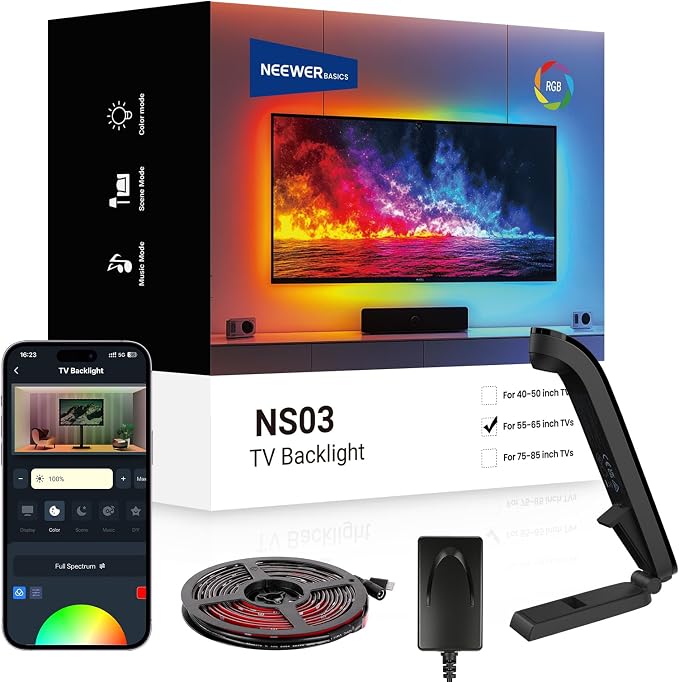 NEEWER Basics TV Backlight for 55"-65" Screens, 11.8ft/3.6m LED RGB Light Strips with Sensor Change with TV, Scheduled On/Off, Zero Delay Color Sync, Music Sync, 24 Scenes, Supports App Control, NS03