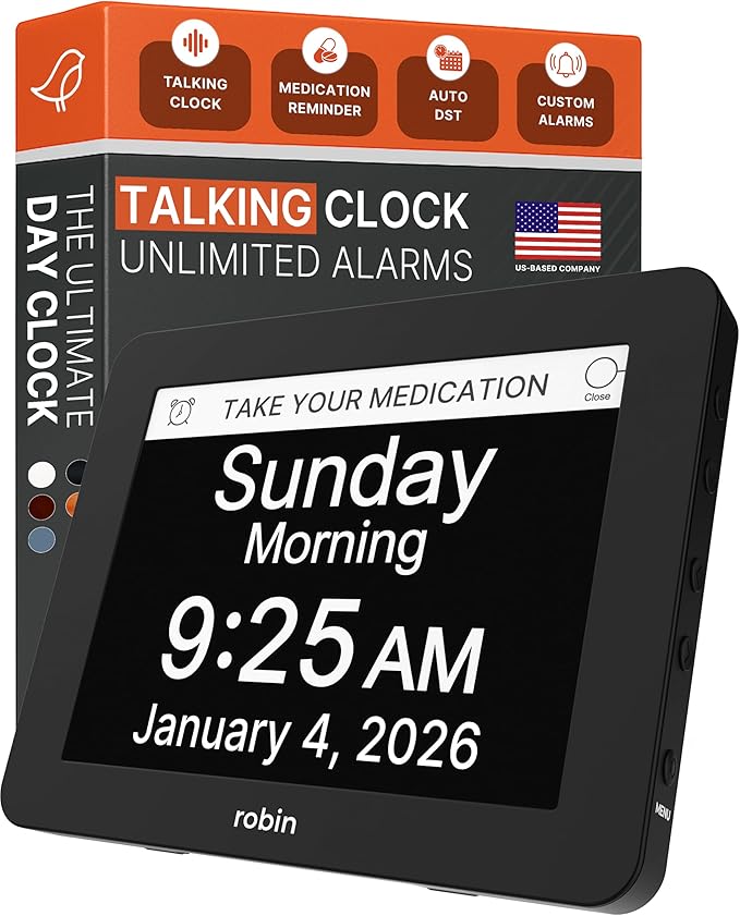 Robin Day Clock 2026 for Seniors, 8" Large Digital Calendar Dementia Clock with Talking Function, Alarms, Easy-to-Read Display for Elderly, Day Date Time, Medication Reminder, DST, Black