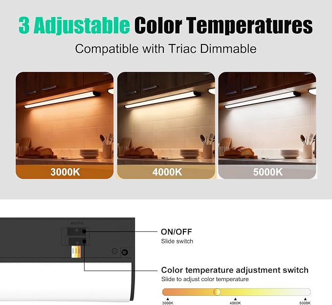 36 Inch LED Under Cabinet Light, Plug in Kitchen Lighting, 3CCT Selectable (3000K/4000K/5000K), CRI94 High Color Accuracy, Linkable, Slim Design Dimmable, Black