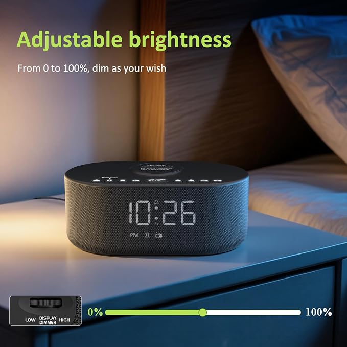 DreamSky Alarm Clock Radio with Wireless Charging and Bluetooth Speaker | Loud Alarm for Heavy Sleepers, Bedroom Digital FM Radio with Sleep Timer, 0-100% Dimmer, 9 Alarm Sounds & 16 Volumes, USB