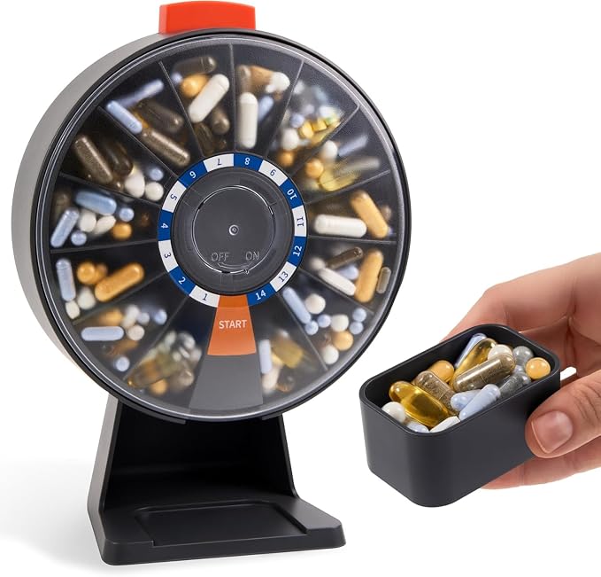 Pill Dispenser 14 Day – Rotating Medicine Organizer Wheel with Push Button, Wall Mounted or Desktop Manual Pill Dispenser for Elderly & Seniors, Large Capacity Vitamin & Medication Organizer