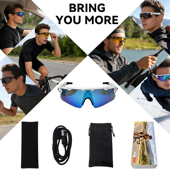 Bluetooth Smart Sunglasses for Men Women, Open-Ear Speaker Glasses with Touch Control, UV400 Polarized Lens, 5-6H Playtime for Outdoor Sports,White and Blue