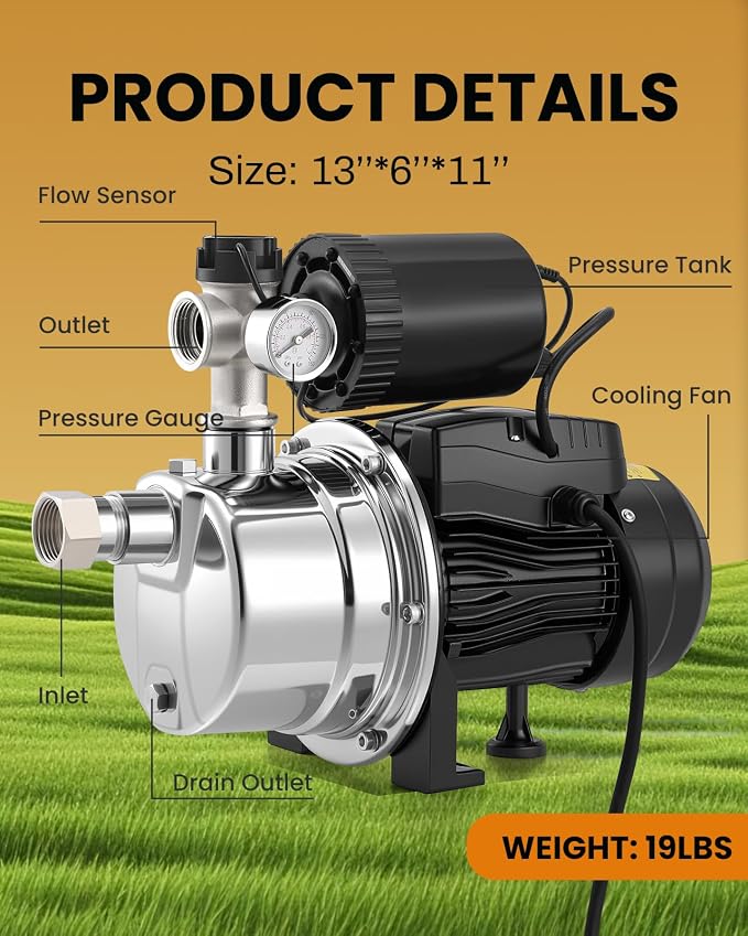 3/4 HP Shallow Well Booster Pump with Pressure Tank 1050GPH Auto ON/OFF Water Pressure Booster Self-Priming Stainless Steel Automatic Booster System for Whole House, Garden, Lawn