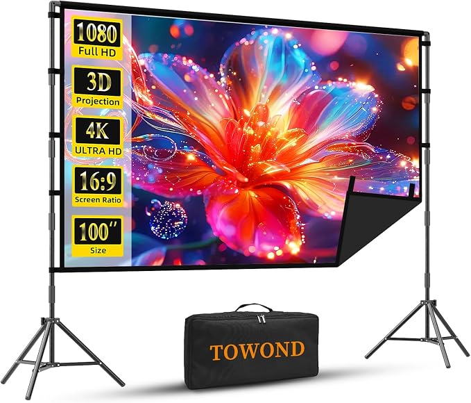 Projector Screen with Stand, TOWOND 100 inch Portable Projector Screen Black Backing, Outdoor Movie Screen 16:9 4K HD Wrinkle-Free Projection Screen with Carry Bag for Backyard Sports Viewing Parties