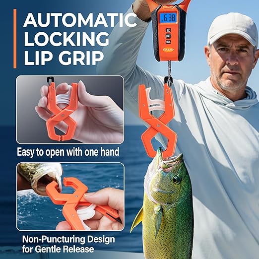 Fish Scale Floating Waterproof Digital Fishing Scale with Lip Grip, Replaceable Hook, LCD Display, 110lb Capacity, Auto Hold, Multiple Units(LB/OZ/KG), Included Measuring Tape – Ideal for Anglers