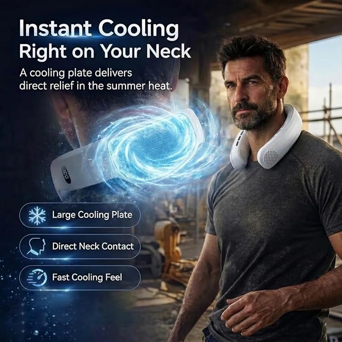 Neck Fan for Men with Cooling Plate, Hands-Free Portable Neck Air Conditioner, Strong Airflow Personal Fan for Outdoor Work, Fishing, Golf, Yard Work, Warehouse