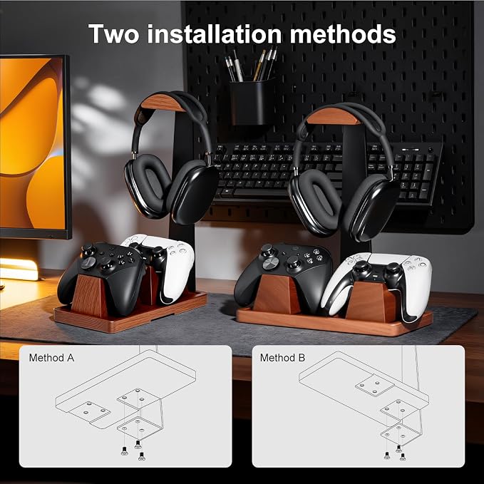 UPERGO Headset Stand with 2 Controller Holders - Solid Wood & Metal Gaming Headphone Holder for Switch, Controllers, and Desk Accessories (Wood)