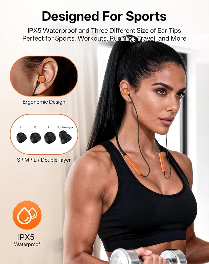 Neckband Bluetooth Headphones, Wireless Bluetooth 6.0 Earbuds with Microphone, Comfortably Light, Deep Bass Earphones 35H Playtime, IPX5 Waterproof, Magnetic Headset for Workout (Deep Orange)