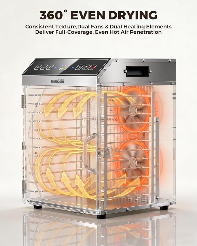 WantJoin Food Dehydrator Machine - 12-Tray Commercial Food Dehydrator w/ 12 Trays, 5 Hooks, Hanging Rack, 86-194℉ Temp, Timer, LED Display, 800W Food Dehydrater For Homemade Jerky Fruit Vegetable