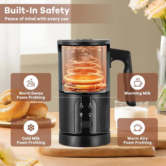 4-in-1 Electric Milk Frother, 350ml/11.8oz Automatic Milk Steamer Machine for Coffee, Hot & Cold Milk Froth Maker for Latte, Cappuccino, Quiet One-Touch Operation, Easy to Clean (Black)
