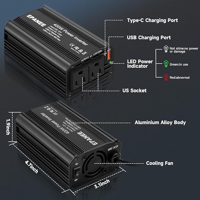 400W Power Inverter 12V DC to 110V AC, Car Charger Plug in Adapter Outlet with PD 65W USB-C&QC 18W Port, Portable Power Converters for Laptop Vehicles Camping Road Trip Essentials Adults-Black