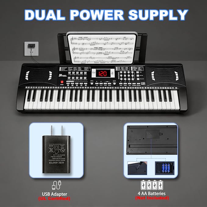 Electric Piano Keyboard, Digital 61 Key Piano Keyboard Kids with Speaker Microphone & Music Sheet Stand, Gift for Children Early Education Beginners, Black