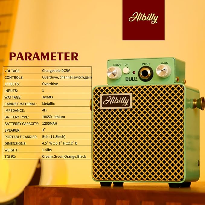 Dull3 Full-Metal Mini Guitar Amplifier, Rechargeable 3W Pocket Micro Amp with Clean/Overdrive/Distortion Modes, 3" Speaker, 1200mAh Battery