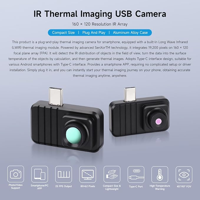 Waveshare Smartphone Infrared Thermal Imaging Camera, Type-C Port, Plug-and-Play, 160×120 Pixels, 88° Field of View, with Aluminum Alloy Case