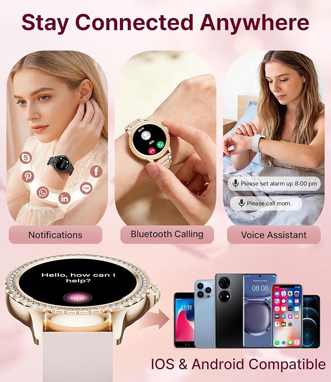 LIGE Smart Watches Women,1.32" HD Diamonds Smart Watch for Android iOS,Bluetooth Call,120+ Sport Modes,Health Tracker,Customized dials,2 Interchangeable Straps