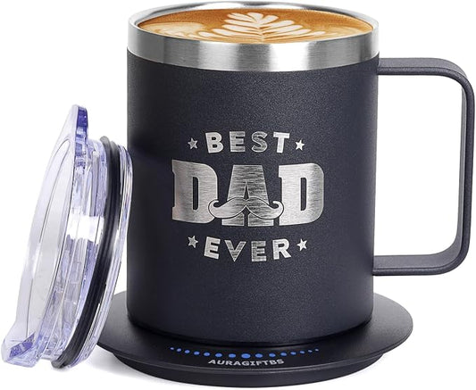 Birthday Gifts for Dad, 12oz Funny Heated Coffee Mug for Dad with BEST DAD EVER, Electric Coffee Cup with Warmer Set, Ideal Valentines Father Day Gifts from Wife Daughter Son (Black -12oz)