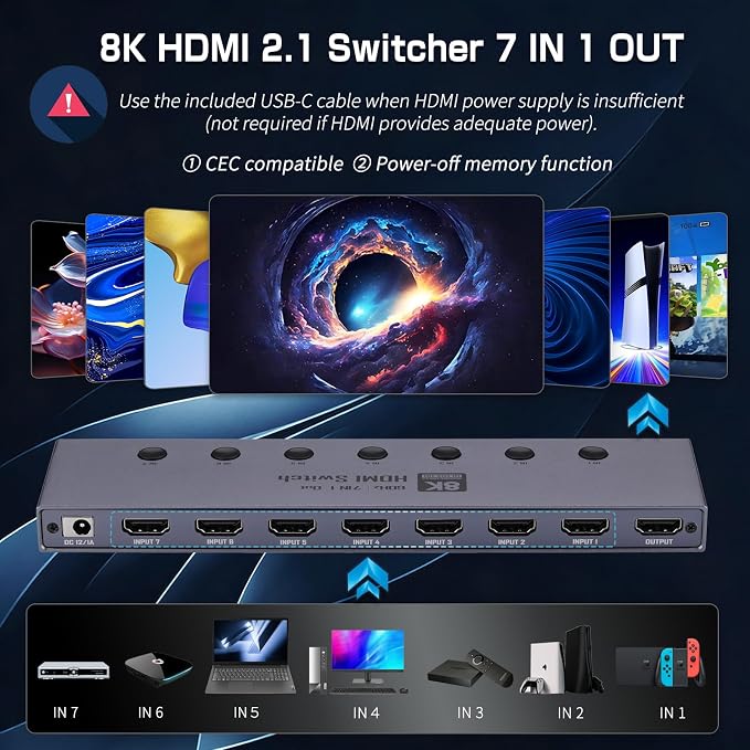 2026 Upgrade 8K HDMI 2.1 Switch, HDMI 2.1 Switcher 7 In 1 Out Supports CEC 8K@60Hz, 4K@240Hz, 1080P@480Hz HDCP 2.3 HDR Dolby Atmos VRR Compatible with PS5 Xbox Blu-Ray Player with IR remote controller