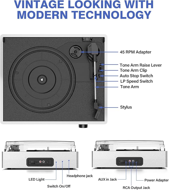 Vinyl Record Player with 2 Stereo Speakers Belt-Driven Vintage Turntables 3 Speed 3 Size Wireless Bluetooth Playback AUX-in RCA Out Headphone LP Vinyl Players Auto Stop Pale Silver
