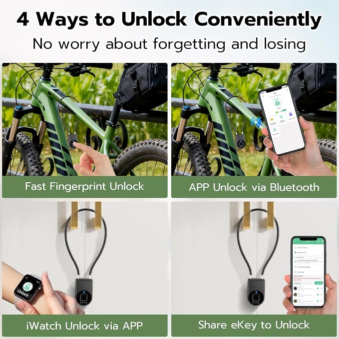 eLinkSmart Fingerprint Padlock, Fingerprint Cable Lock with Bluetooth APP Contral, 15'' Waterproof Keyless Smart Cable Lock Heavy Duty Anti Theft for Bike, Outdoor, Fridge, Gate, Fence, Black