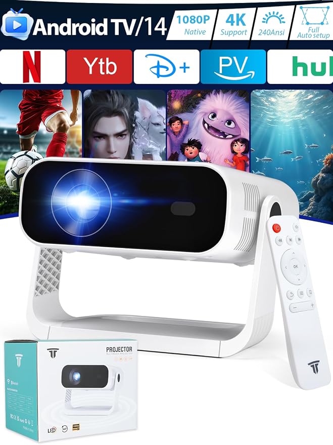 Wielio 2026 Smart Projector Android 14/TV with WiFi 6 and Bluetooth 5.0 Built in 1000+ Apps 210 ANSI Portable Bedroom Mini Movie Projector Auto Keystone & Zoom （Auto Focus/Preferred Dark Room)