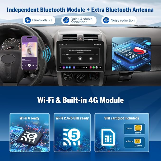 EONON 10.95" QLED 2K Adjustable Screen Car Stereo with Wireless CarPlay/Android Auto,6GB RAM 64GB ROM, 4G,WiFi6,for Universal 1DIN Car Radio with AHD Backup Camera DSP, Opt & Coax Output-SD1X6S2