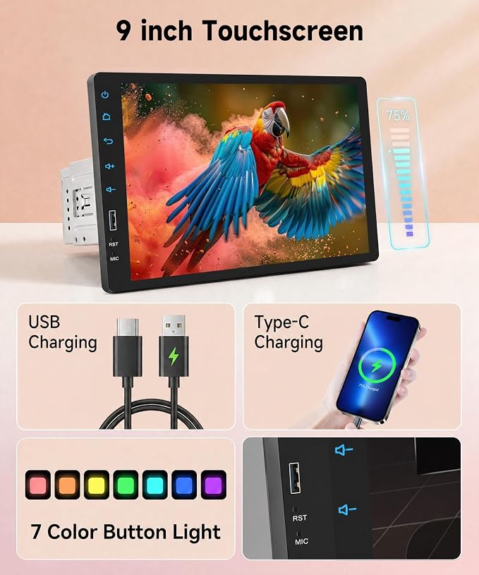 9 Inch Single Din Car Radio Stereo, Wireless CarPlay Android Auto, 1 Din Touchscreen Car Stereo, Bluetooth FM EQ USB SWC MIC, Support Mirror Link Backup Camera