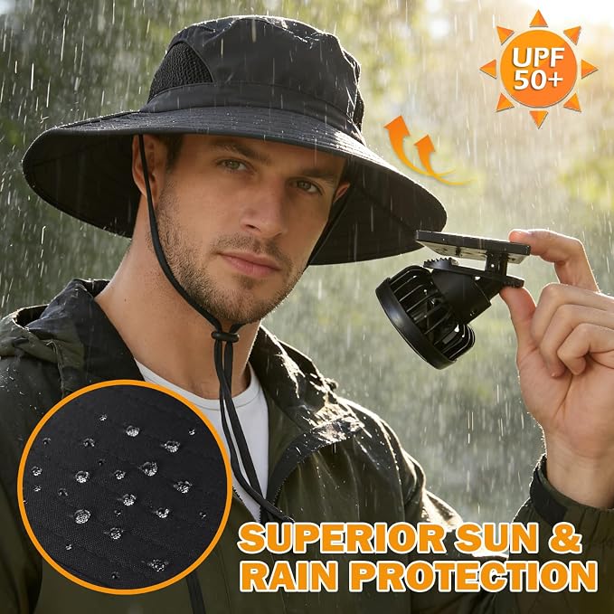 Wide Brim Sun Bucket Hat with 2 Solar Powered Fan for Men & Women | Waterproof & UPF 50+ Sun Protection Hat with Dual-Power Clip-On Cooling Fans for Outdoor Hiking Fishing Gardening