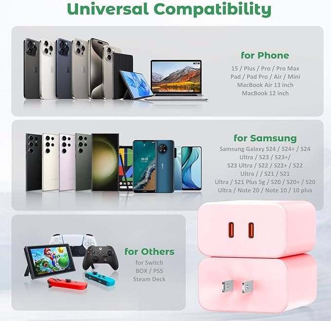 USB C Charger Block, 40W Dual Port Fast Charger 20W Type C Charging Block 3.1A USB Wall Charger Dual Port PD+QC Charging Cube for iPhone 15 16 14 13 12 11 Pro Max XS, iPad, Samsung Phone-Pink