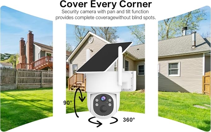 4G LTE Cellular Security Camera Wireless Outdoor, No WiFi Needed, with SIM Card and One Year Unlimited Data Plan, Solar Powered, 360° Live View, 2K Color Night Vision, Motion Detection