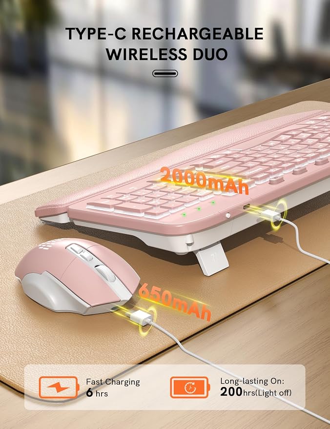 SABLUTE Wireless Keyboard and Mouse Combo Ergonomic - MA12Pro Wave Keyboard with Leather Wrist Rest for Comfortable Typing, RGB Backlit Rechargeable for Windows, Mac, PC, Laptop (Pink)