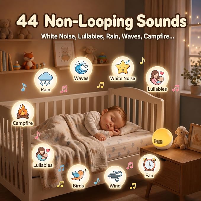 MuGo Baby Sound Machine – 44 Soothing Sounds, Sunrise Alarm Clock, White Noise Machine for Sleeping, 10-Color Night Light with App & Timer, Portable Sleep Aid –Ideal Gift for Home, Nursery (USB)