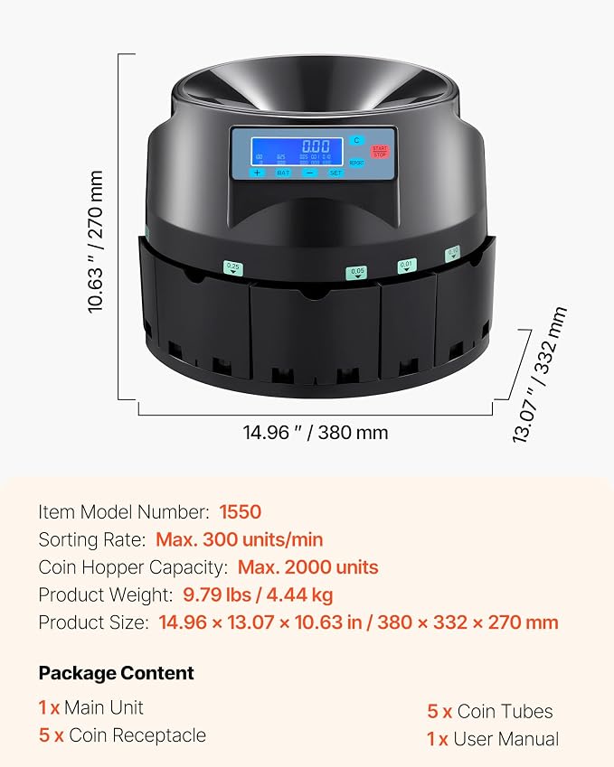 VEVOR USD Coin Counter with LCD Display, Precise Coin Counting and Sorter Machine - Sorts up to 300 Coins/min into Coin Wrappers, Compact Digital Change Counter Included 5 Coin Bins & 5 Tubes