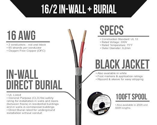 Voltive 16/2 Speaker Wire, in-Wall CL3 & Direct Burial, Black, 100ft - 16AWG, 2 Conductors, Stranded Oxygen-Free Copper, UL Listed - V-1210-1