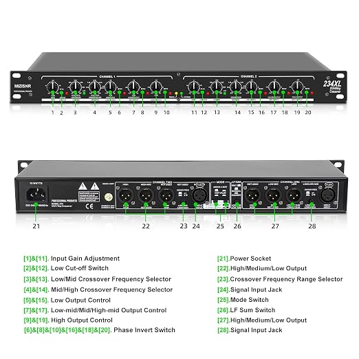 Professional 2/3 Way Stereo/4 Way Mono Crossover with XLR Input and Output, Stereo Audio Sound Processing for PA System with Subwoofer