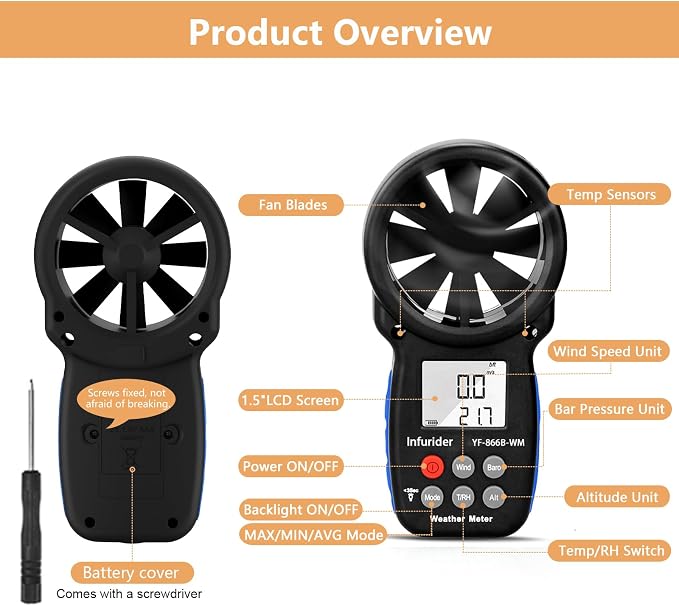 HoldPeak Handheld Anemometer Barometer, Weather Meter for Wind Speed, Temperature, Humidity, Dew Point, Altitude, Barometric Pressure, Wind Chill Measuring, Digital Wind Guage 866B-WM