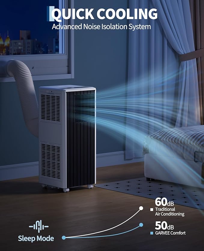 Garvee 8000 BTU Portable Air Conditioner, 3-in-1 Portable AC Cooling, Dehumidifying & Fan for Bedroom, Apartment, Dorm & Rooms Up to 350 Sq. Ft, Sleep Mode, 24-Hr Timer, Remote, Window Kit, Black