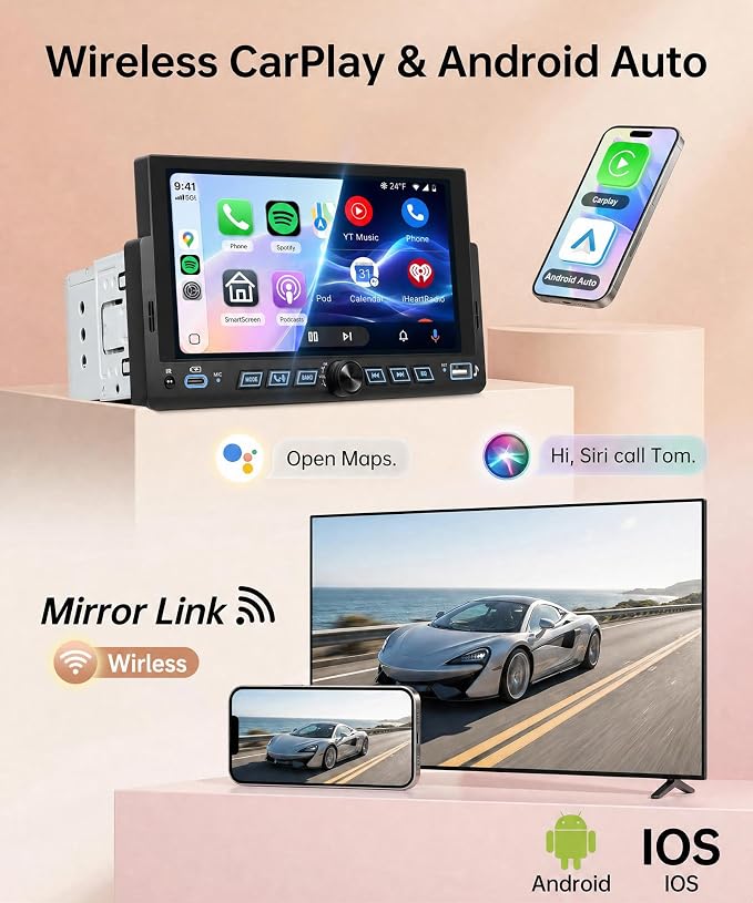 Single Din Car Stereo Wirelsss Carplay Android Auto, 1 Din Head Unit Bluetooth Backup Camera, 6.86" HD Touchscreen Radio, FM EQ USB-Type-C, Mirror Link SWC, Voice Control, Car Stereo Receivers