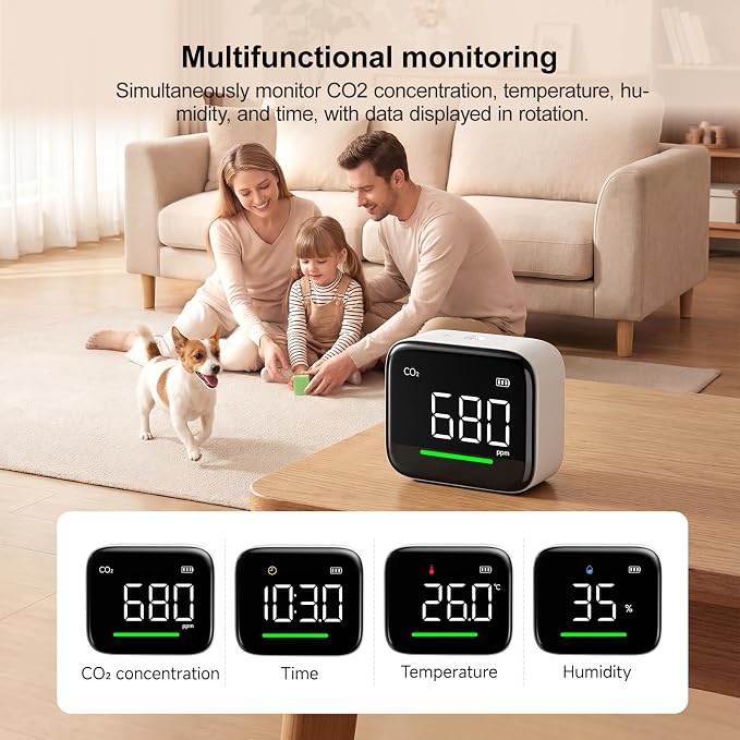 ATuMan CO2 Detector, Indoor Air Quality Monitor with Temperature & Humidity Sensor, NDIR Enabled Accurate CO₂ Meter, 2200mAh Rechargeable, Alarm Alert, Portable for Home/Office/Bedroom/Babyroom