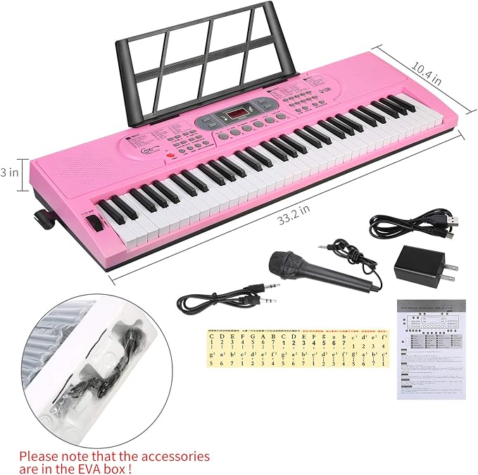 Keyboard Piano Lighted Keys for Beginner Adults Teens Kids, 61 Key Electronic Music Keyboard with Teaching Modes Powered by USB or Battery with LCD Display Microphone Headphone Jack
