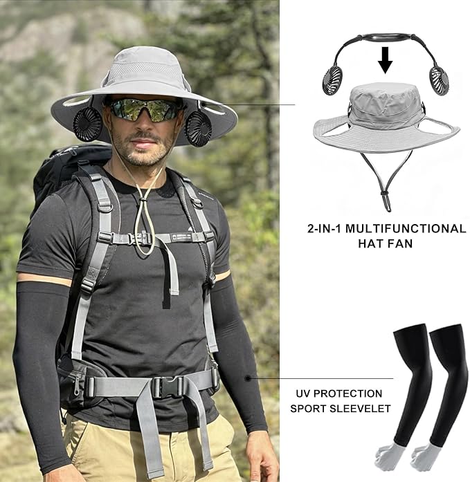 Sun Hat with Fan for Men & Women, Bucket Hat with Fan, UPF 50+ Cooling Hat with Sunblock Sleeves for Fishing,Hiking