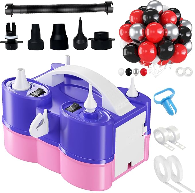 3-in-1 Electric Balloon Pump with Red and Black Balloons, 3-in-1 Electric Balloon Pump, Portable Electric Air Pump for All Balloons Inflatables Dual Nozzle Balloon Blower Machine