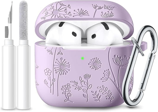 Lerobo for Airpods 4 Case Cover with Cleaner Kit, Cute Flower Engraved Silicone Protective Case Cover with Keychain for Women and Girls Compatible with Apple Airpods 4 Case 2024, Lavender