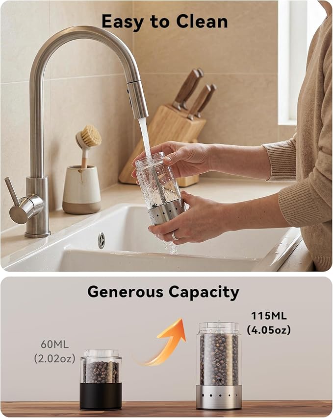 TOMEEM Rechargeable Electric Salt and Pepper Grinder Set, 115ml Large Capacity Stainless Steel Automatic Pepper Mill with Storage Base, LED Display and Light (Silver, Clear Storage Base)