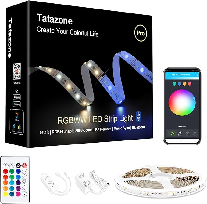 Tatazone RGBWW Bluetooth LED Strip Lights, 16.4FT Tunable White 3000K to 6500K+RGB Led Light Strips, Music Sync Color Changing Indoor LED Rope Lights with App and Remote for Cabinet, Bedroom, TV