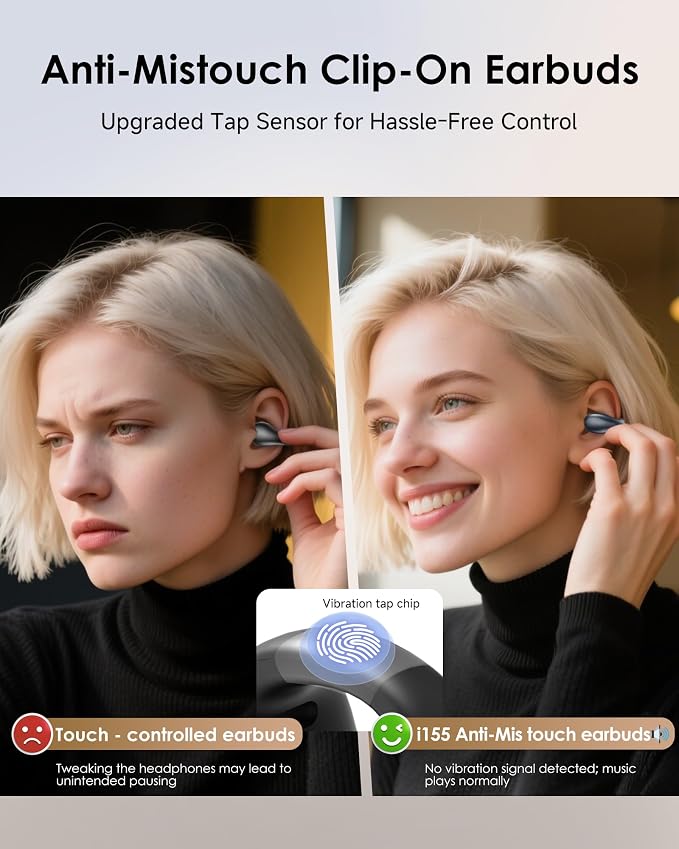 King Lucky Clip-On Earbuds,Comfort Air Cushion Open Ear Earbuds Wireless Bluetooth 6.0 Multipoint, Open Ear Headphones with Mic,Anti-Mistouch,45H Playtime for Sports,Small Ears&Sleep (Black)